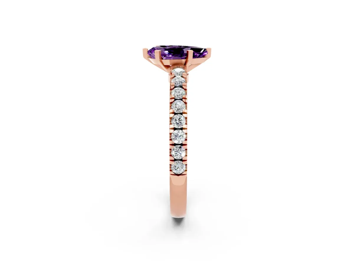 Pear Cut Solitaire Amethyst with Pavé Band and Four-Prong Setting Rose gold