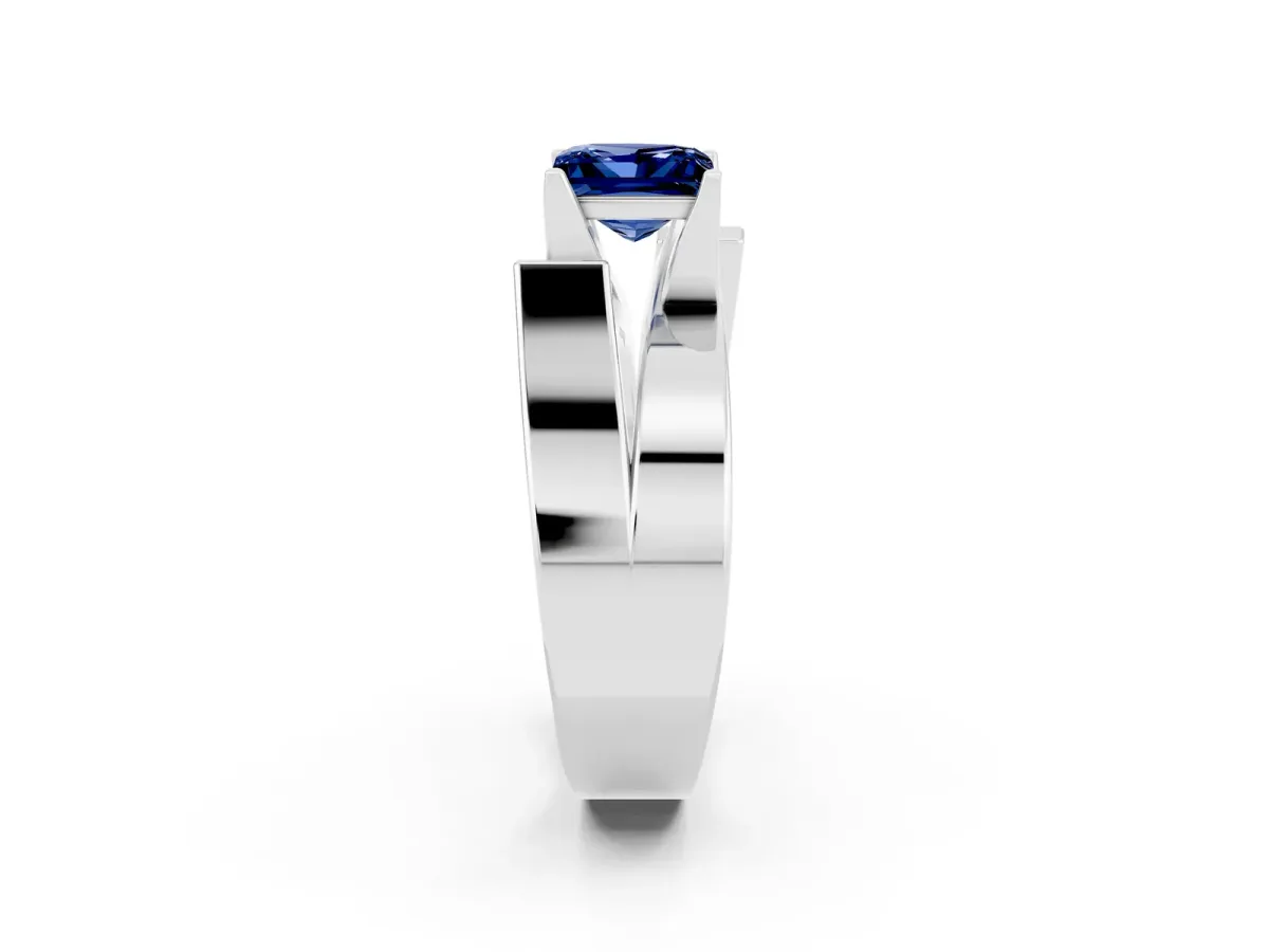 Modern Tension Set Princess Cut Blue Sapphire Solitaire Wide Band Ring Silver