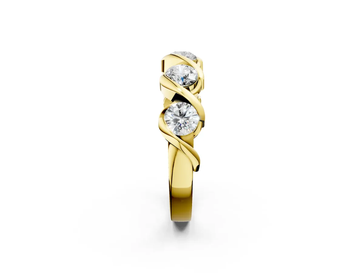 Round Diamond Wave Band with Channel Setting and Shared Prongs Yellow gold