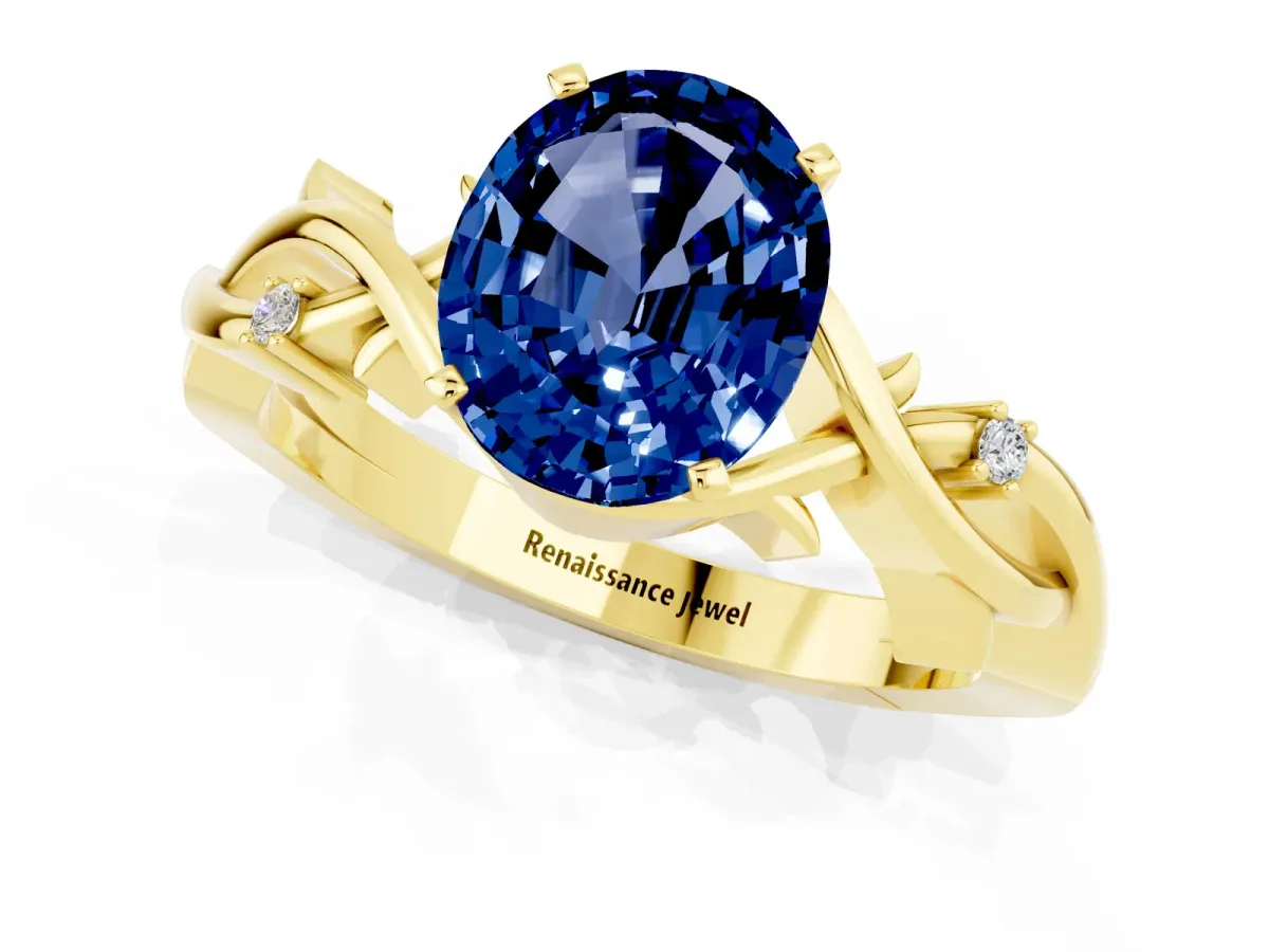 Oval Cut Blue Sapphire Solitaire Ring with Twisted Band and Prong Setting Yellow gold