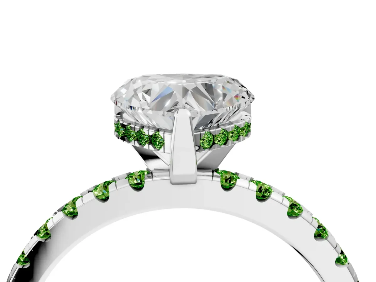 Heart Cut Diamond Solitaire Ring with Round Peridot Pavé Band and Four-Prong Setting Silver