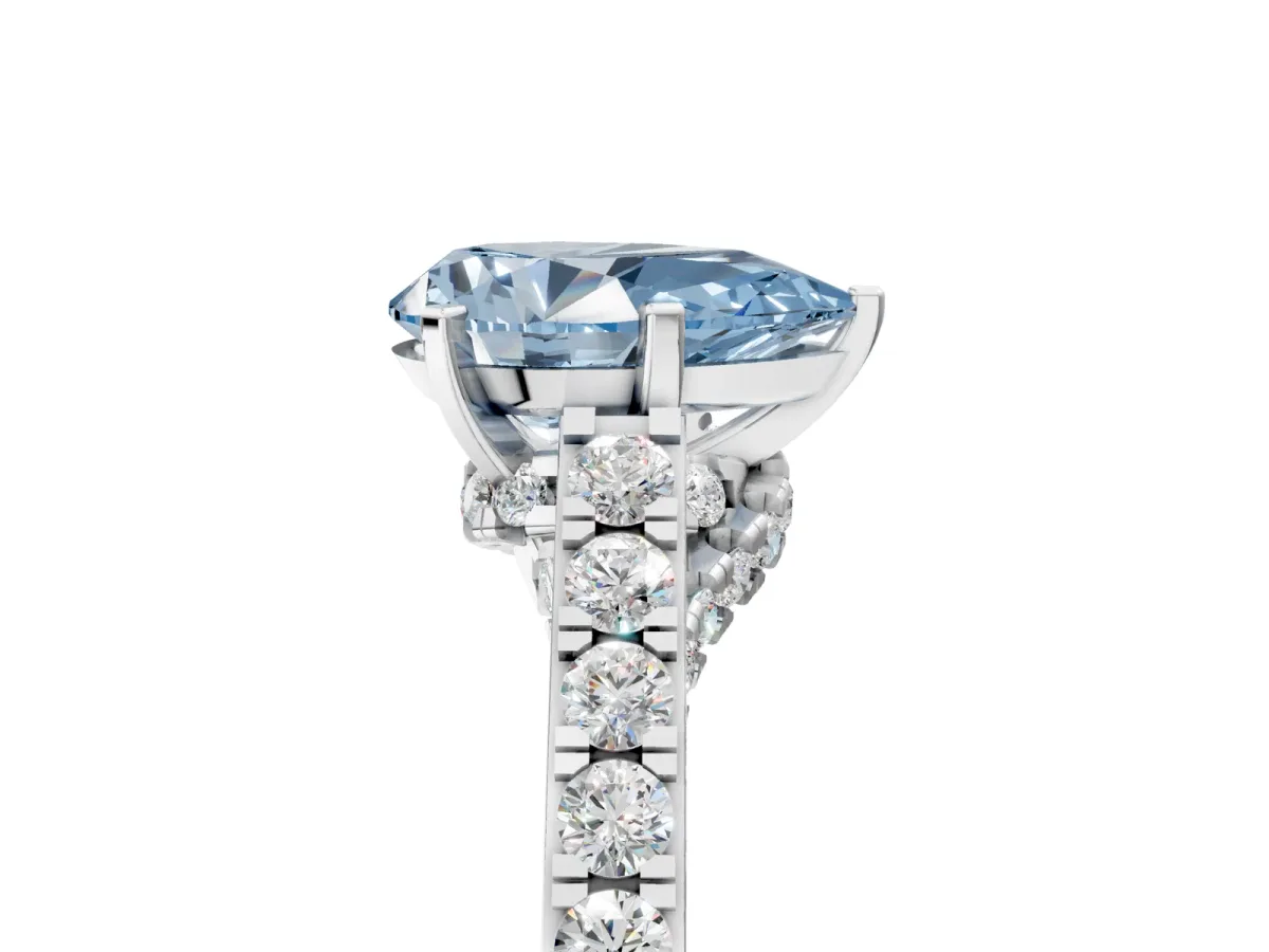 Fancy Blue Pear Cut Diamond Solitaire Ring with Crossover Gallery and Round Pavé Band Silver
