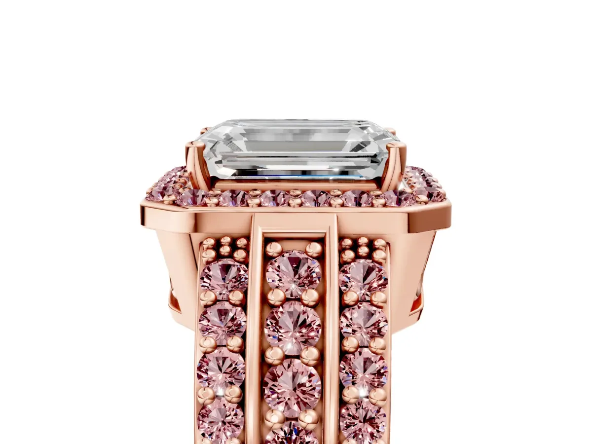 Emerald Cut Halo Diamond Ring with Round Morganite Split Shank and Prong Setting Rose gold