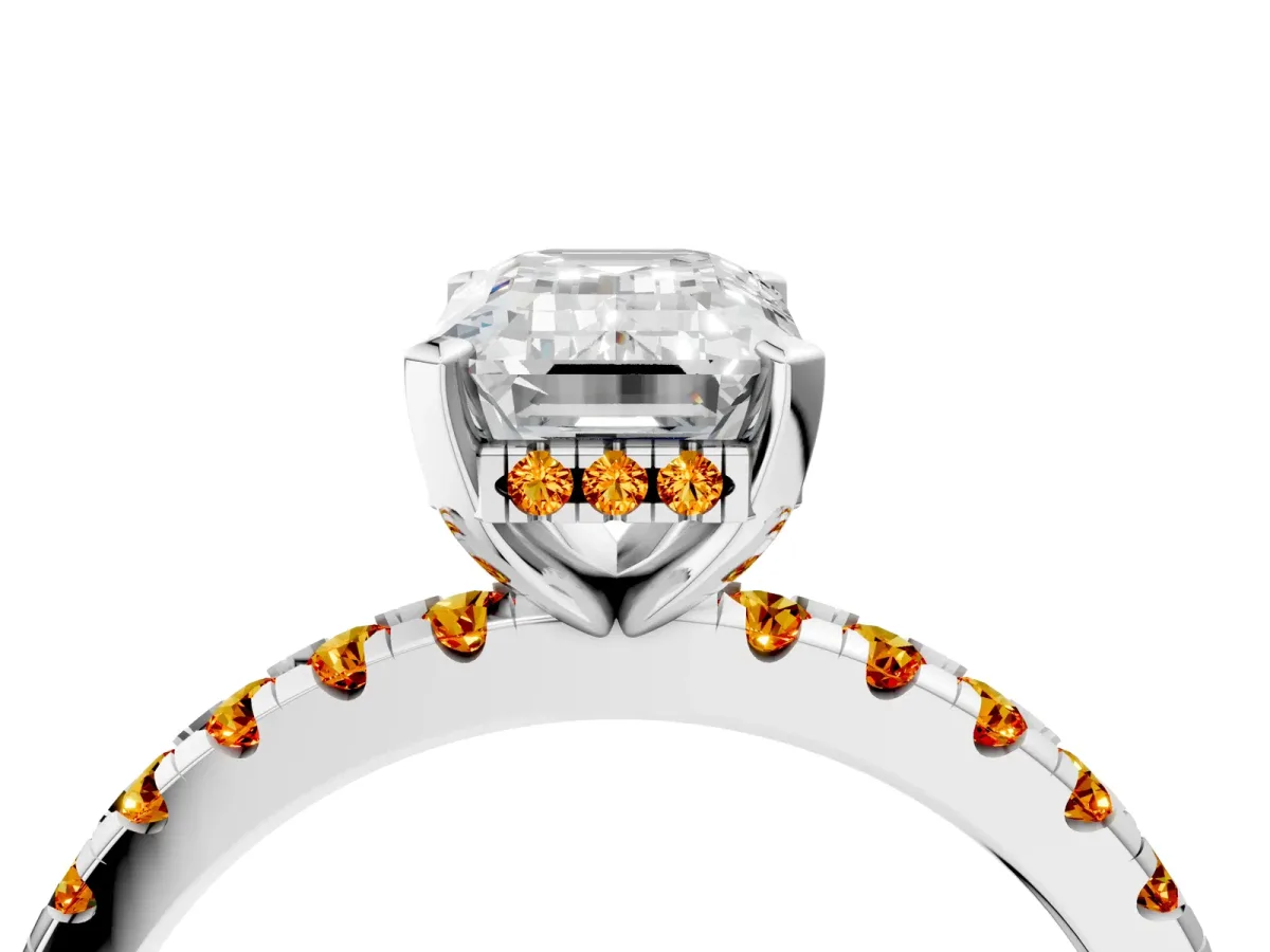 Emerald Cut Diamond Solitaire Ring with Round Citrine Pavé Band and Four-Prong Setting Silver