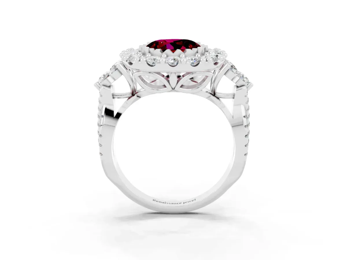 Round Cut Garnet Halo Ring with Pavé Band and Four-Prong Setting Silver