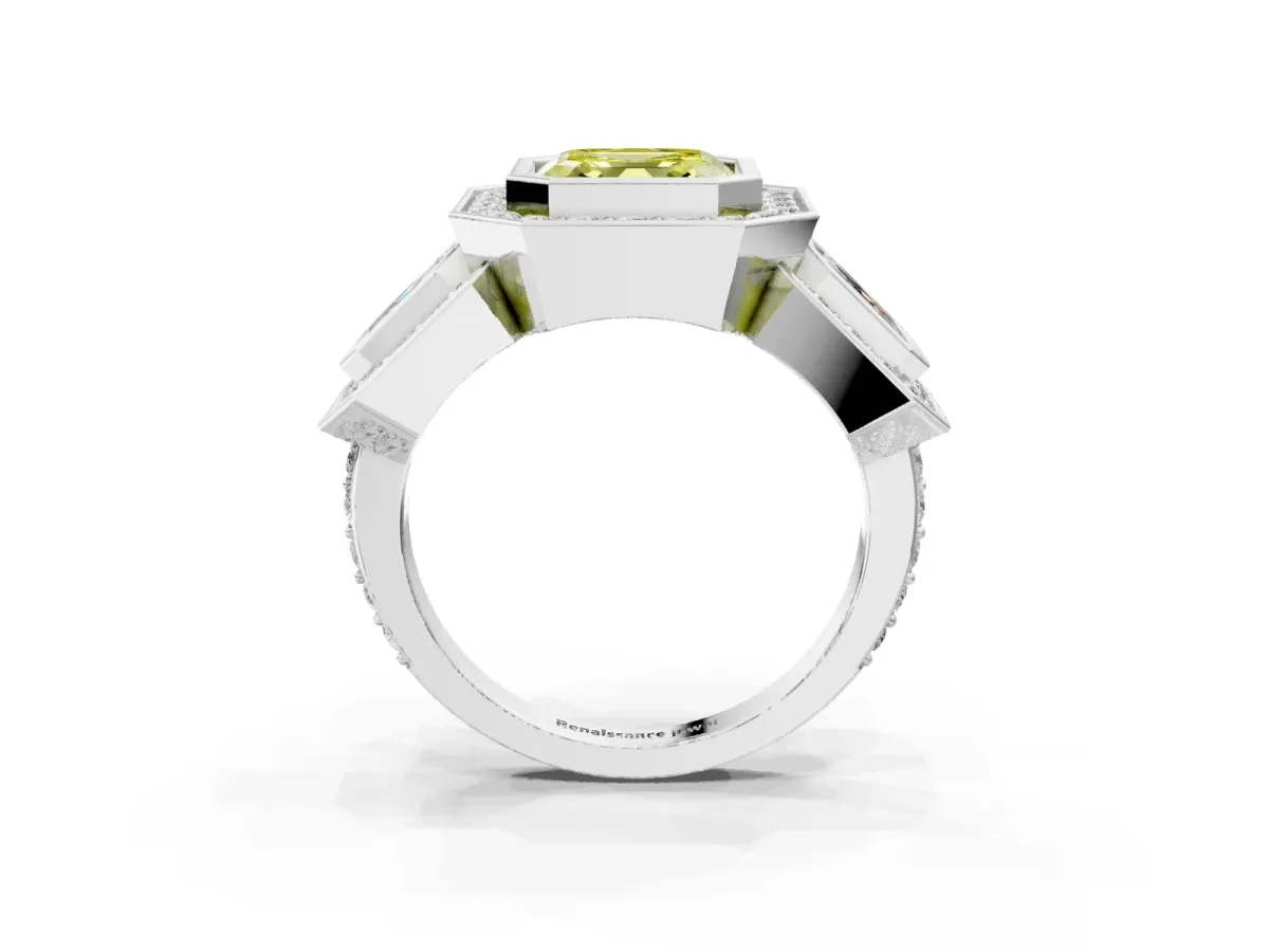 Fancy Yellow Three-Stone Asscher Cut Halo Pavé Diamond Ring Platinum