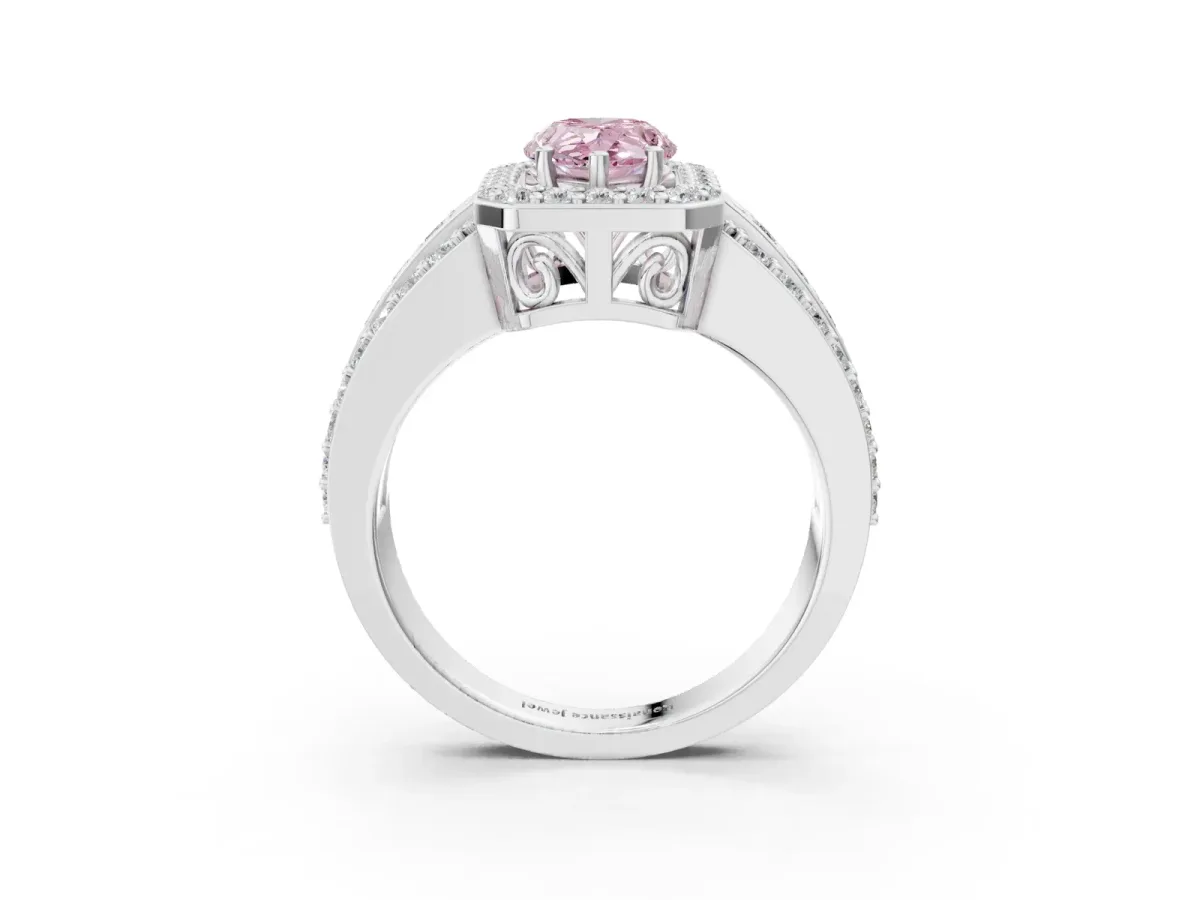 Fancy Pink Pear Cut Halo Diamond Ring with Round Split Shank and Prong Setting White gold