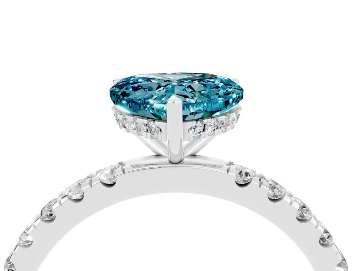 Heart Cut Blue Topaz Pave Band Solitaire Ring with Round and Prong Setting Silver