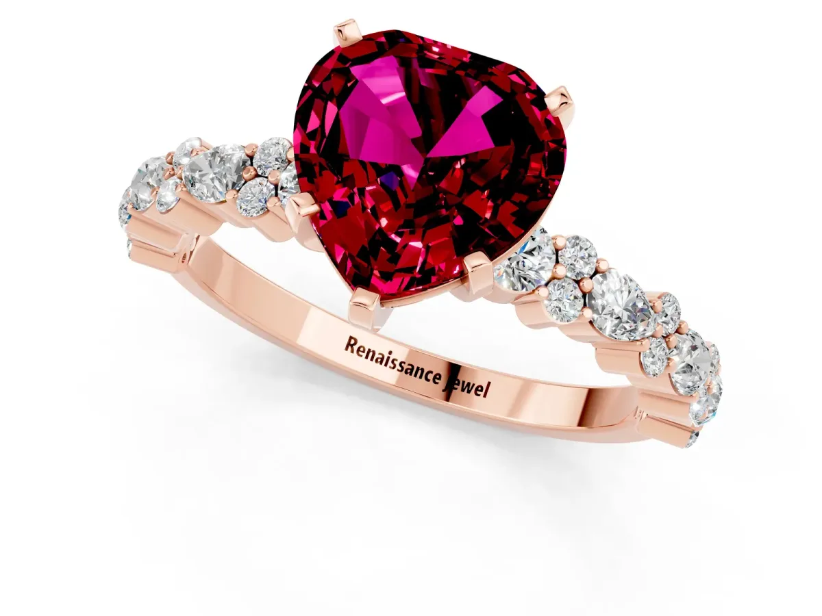 Heart Cut Garnet Side Stone Solitaire Ring with Round and Four-Prong Setting Rose gold