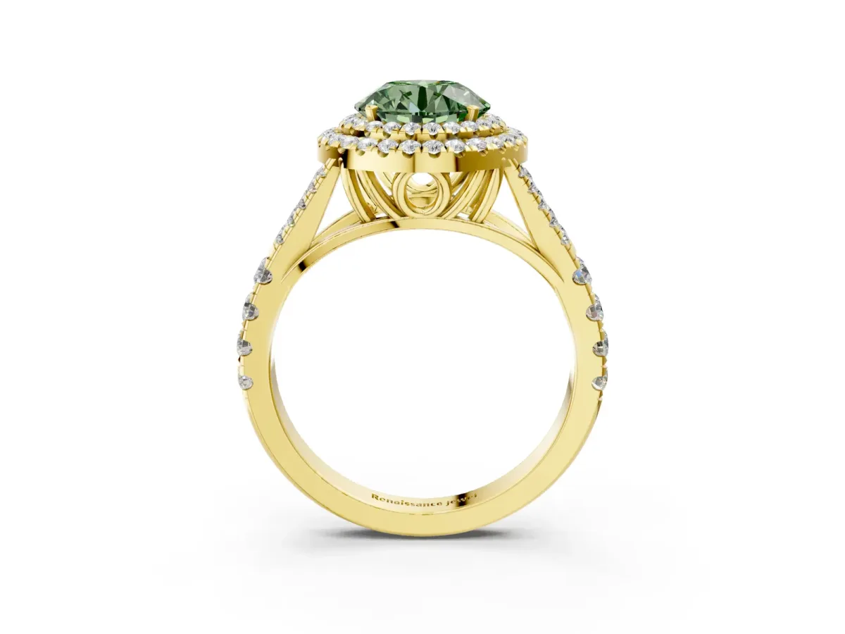 Fancy Green Round Cut Diamond Double Halo Ring with Split Shank and Prong Setting Yellow gold