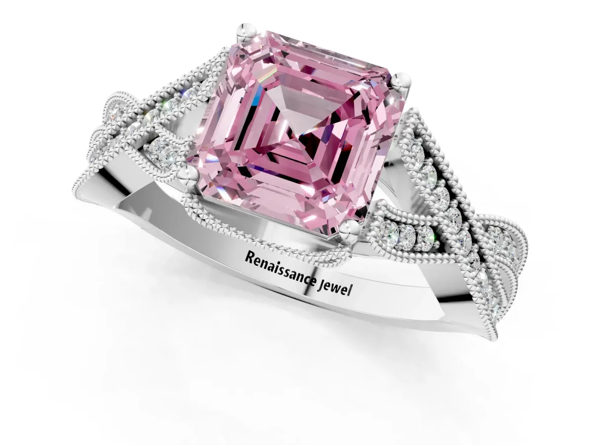 Fancy Pink Asscher Cut Cut Diamond Twisted Band with Milgrain Pave Setting and Four-Prong Setting Platinum