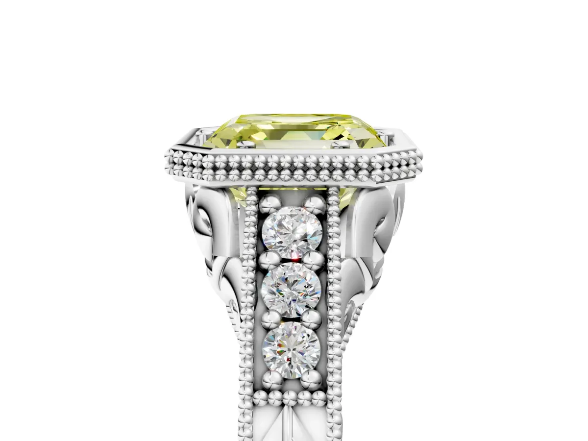 Fancy Yellow Bezel Set Asscher Cut Diamond Milgrain Pave Engagement Ring Platinum