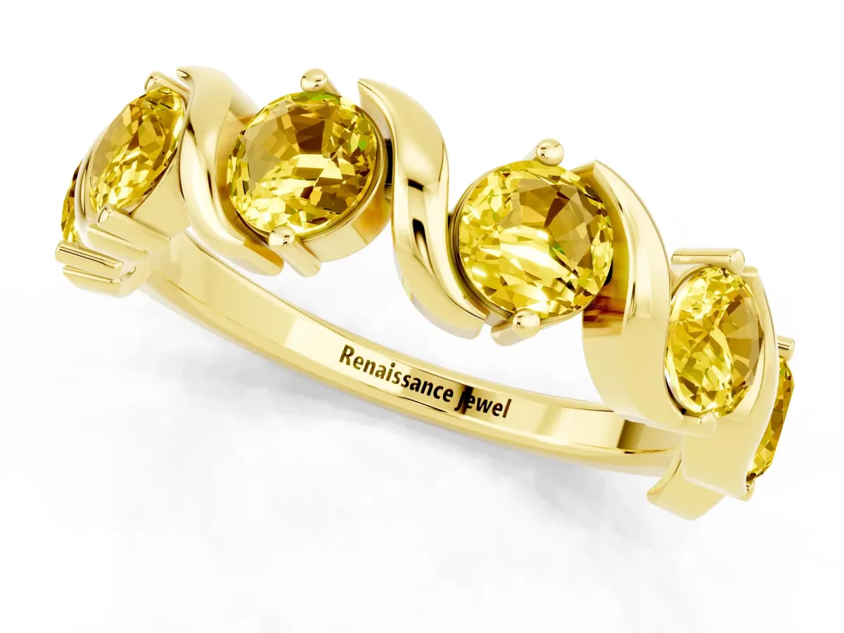 Round Yellow Sapphire Half Eternity Band with Wave Prong Setting Yellow gold