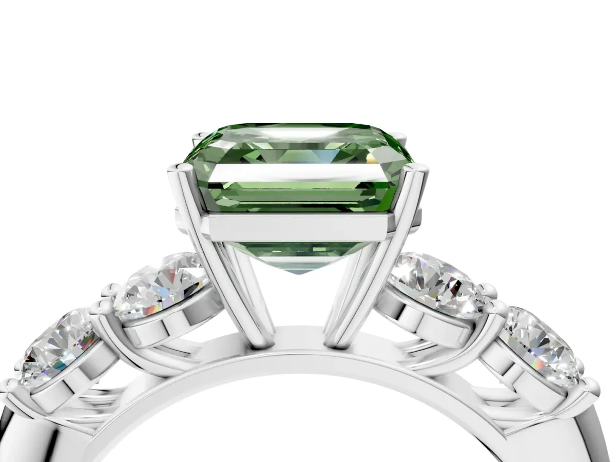 Fancy Green Asscher Cut Cut Five-Stone Prong Set Diamond Ring with Classic Band Platinum