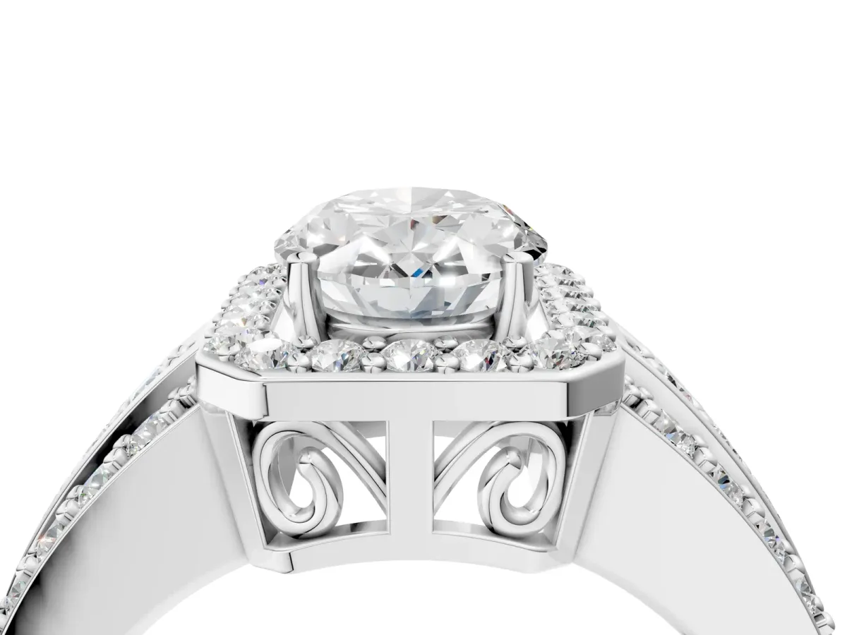 Oval Cut Halo Diamond Ring with Round Split Shank and Prong Setting White gold