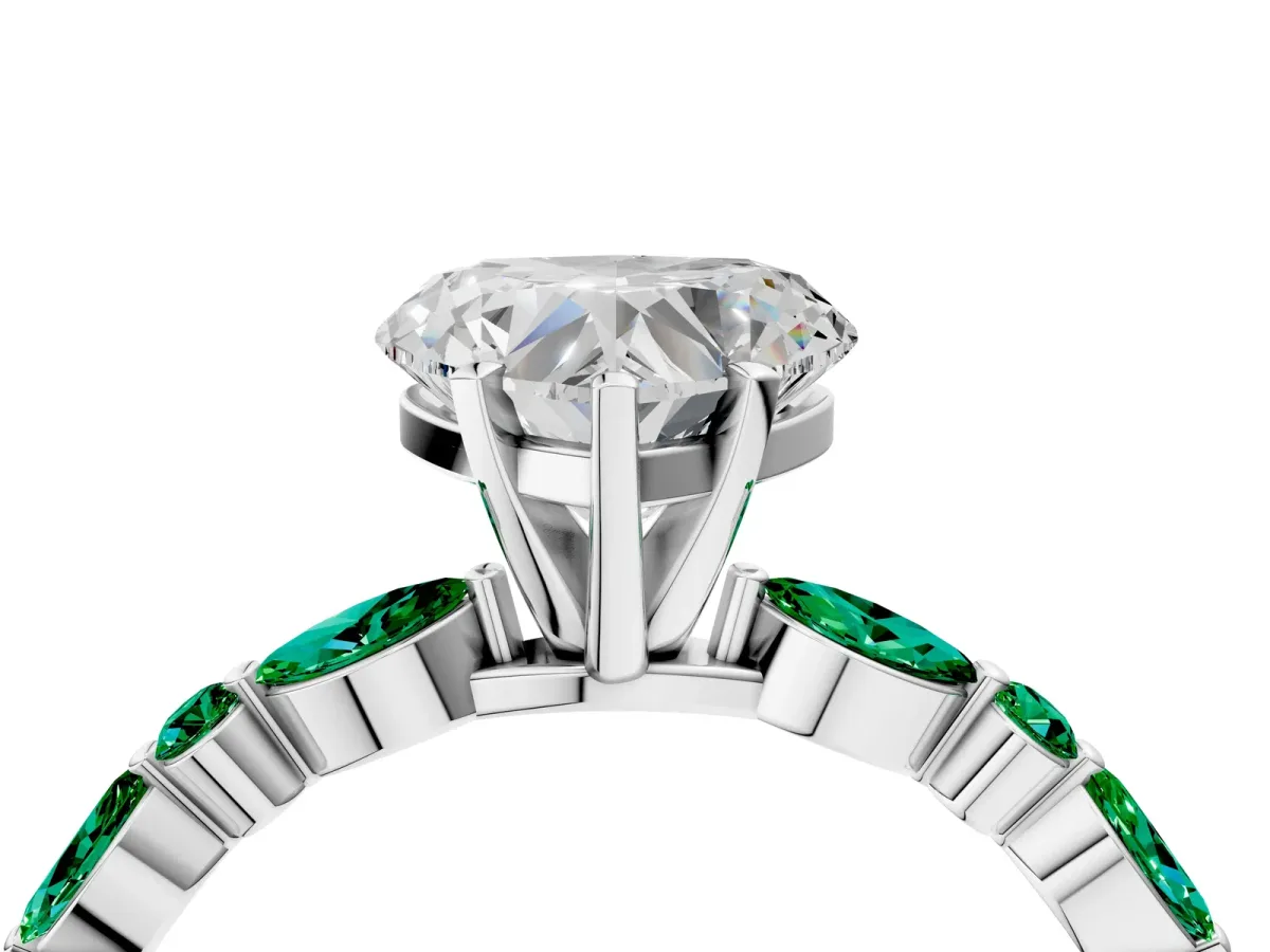 Heart Cut Diamond Ring with Marquise and Round Emerald Side Stones and Four-Prong Setting Silver