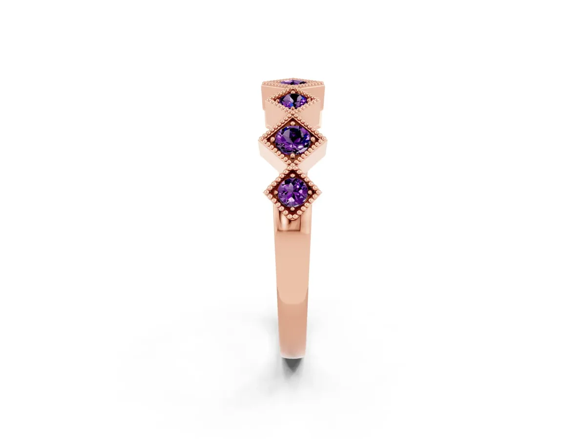 Milgrain Square Bezel Round Amethyst Chevron Band Rose gold