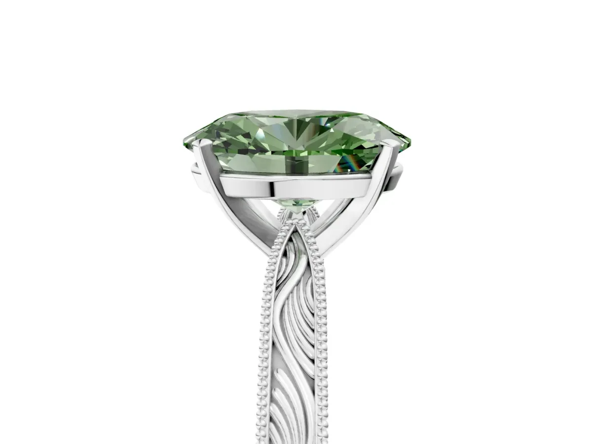 Fancy Green Oval Cut Solitaire Milgrain Engraved Band with Four-Prong Setting White gold