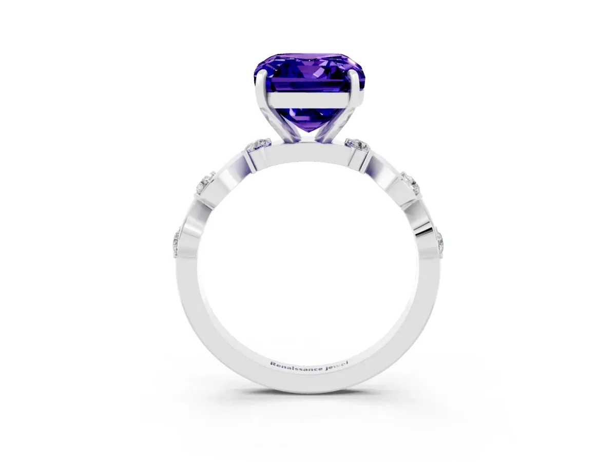 Emerald Cut Tanzanite Solitaire Twisted Band with Round Accents and Prong Setting Silver