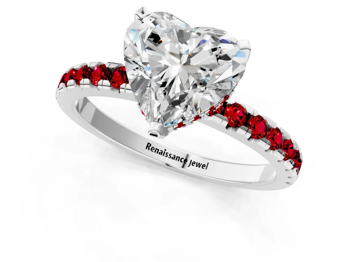 Heart Cut Diamond Solitaire Ring with Round Ruby Pavé Band and Four-Prong Setting Silver