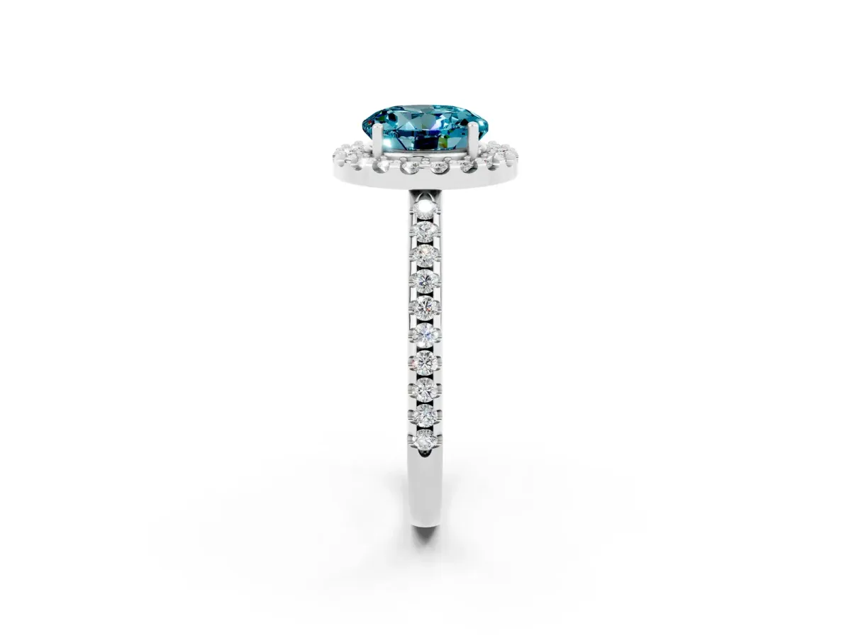 Round Cut Blue Topaz Pavé Halo Ring with Four-Prong Setting Platinum