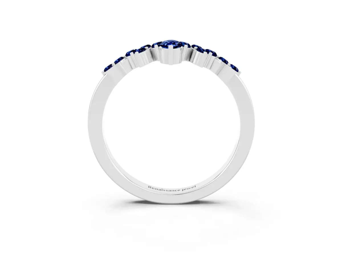 Marquise and Round Blue Sapphire Chevron Band with Prong Setting Silver