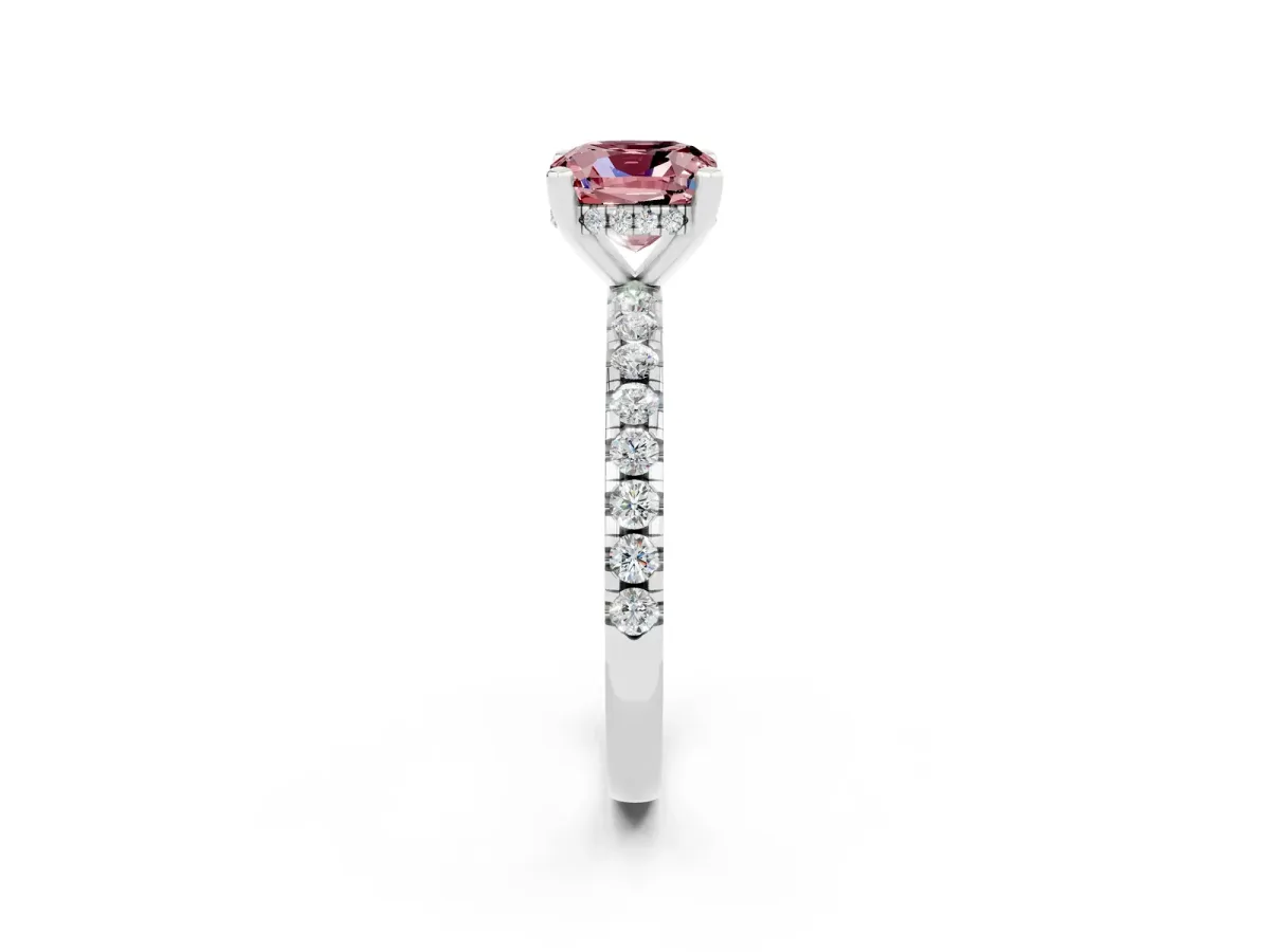 Cushion Cut Morganite Solitaire Ring with Round Pavé Band and Four-Prong Setting Silver