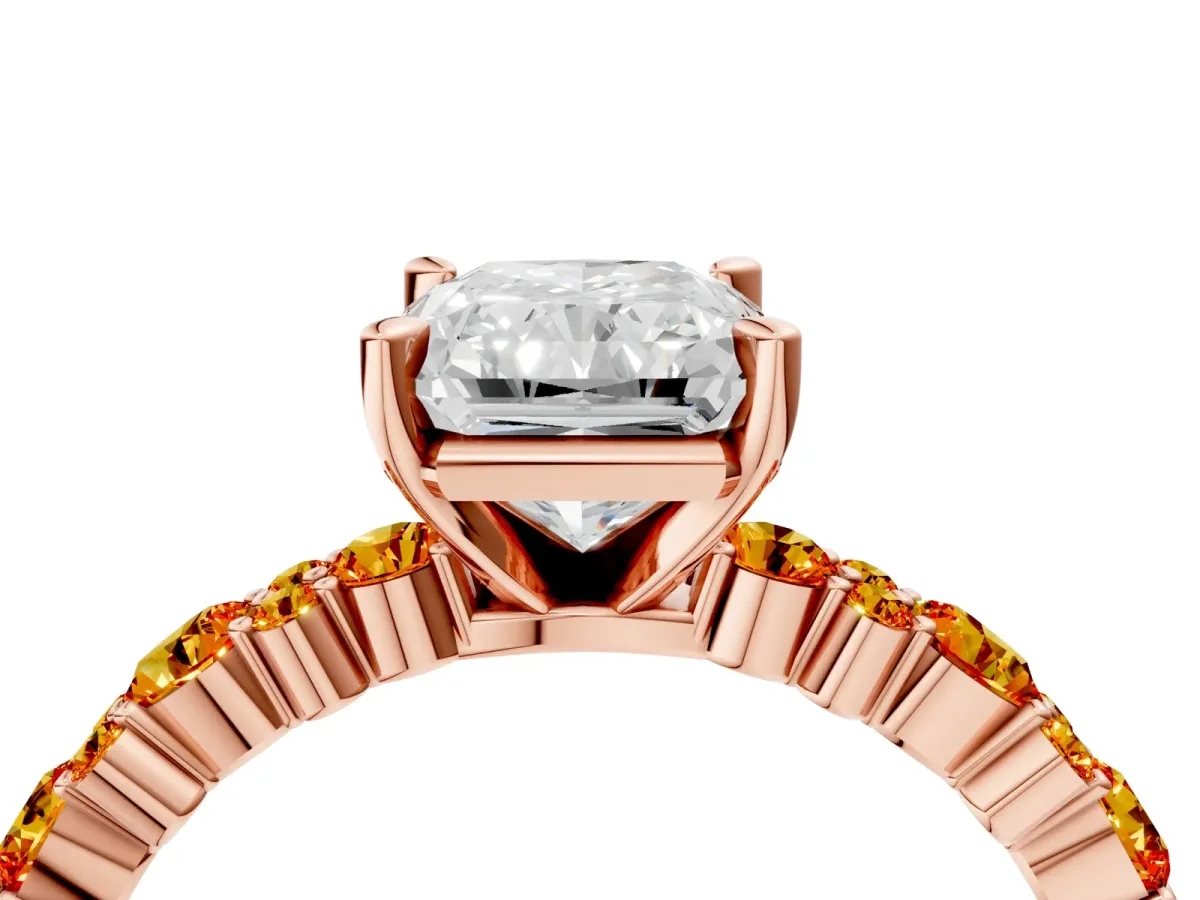 Radiant Cut Diamond Side Stone Solitaire Ring with Round Citrine and Four-Prong Setting Rose gold