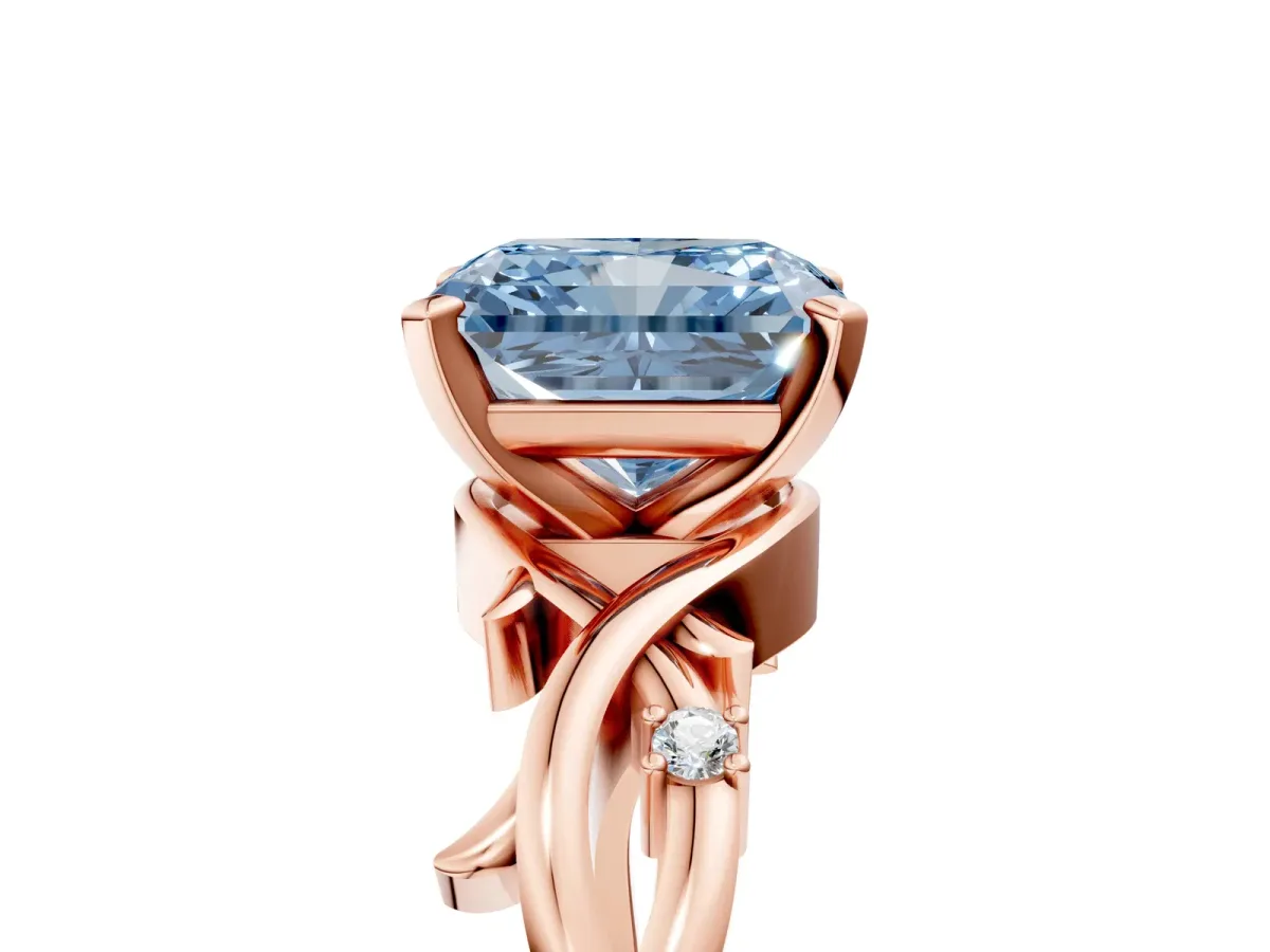 Fancy Blue Radiant Cut Diamond Solitaire Ring with Twisted Band and Prong Setting Rose gold