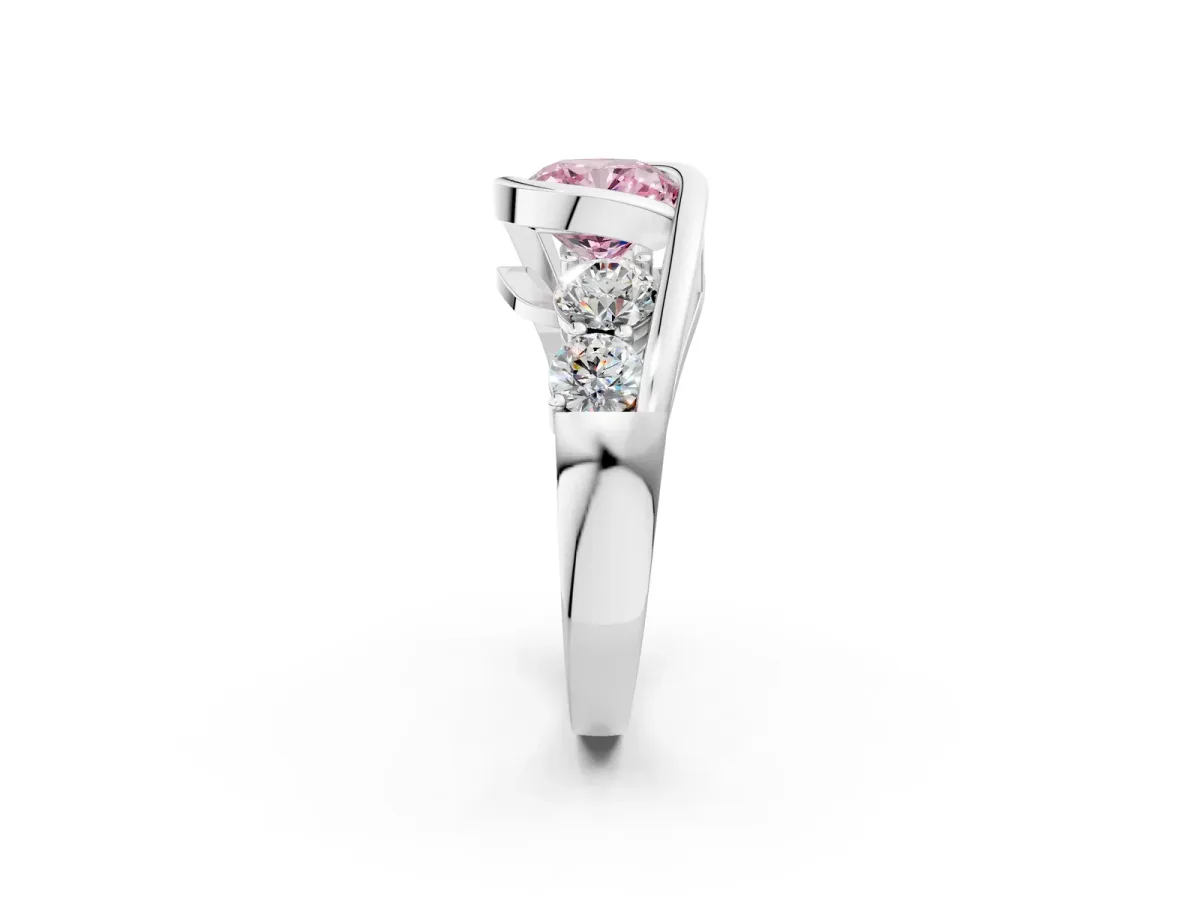 Fancy Pink Bezel Set Cushion Cut Diamond Bypass Ring with Round Accents Silver