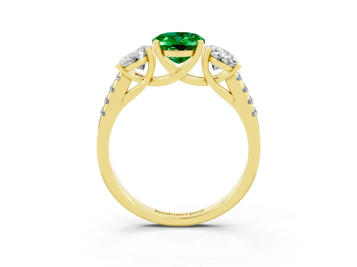 Three-Stone Oval Cut Emerald Ring with Round Pavé Band and Prong Setting Yellow gold