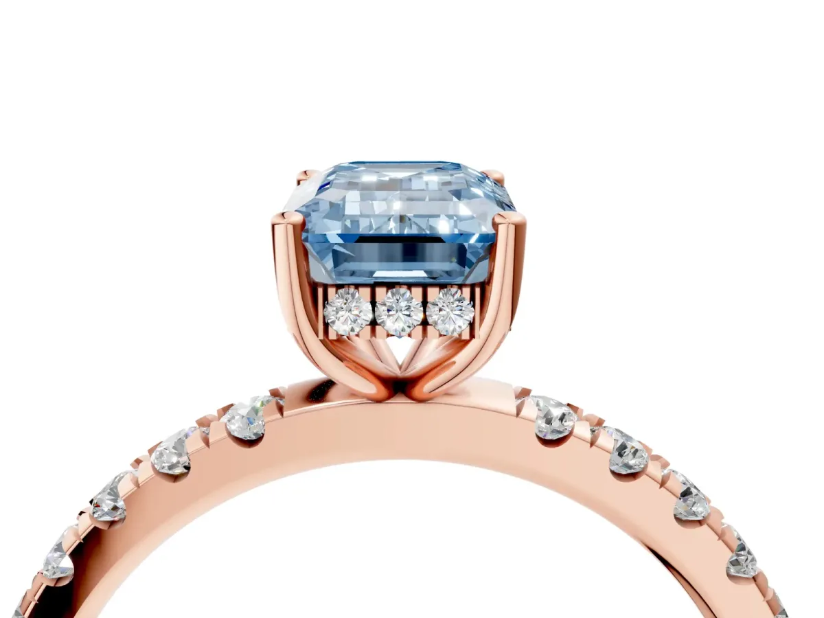 Fancy Blue Emerald Cut Diamond Pave Band Solitaire Ring with Round and Prong Setting Rose gold