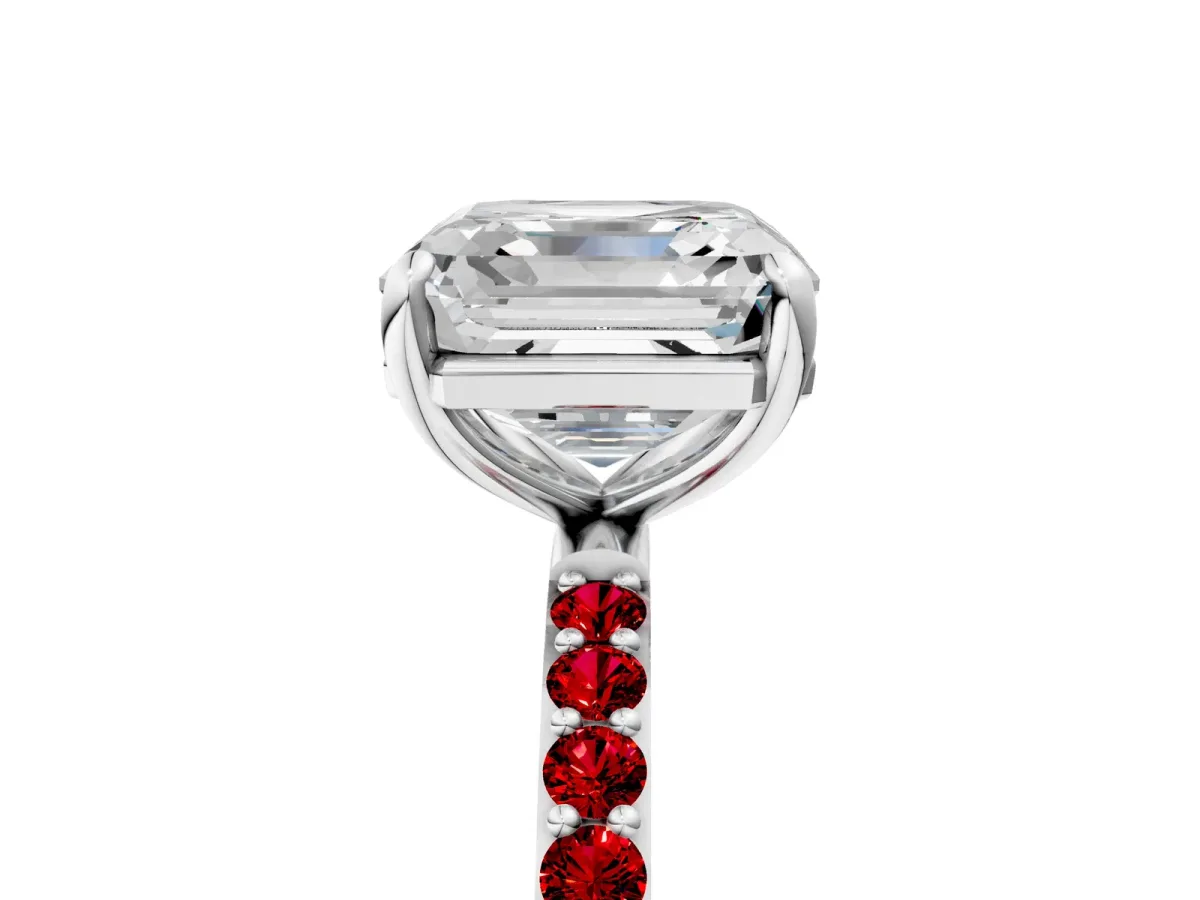 Asscher Cut Diamond Solitaire Ring with Round Ruby Pavé Band and Prong Setting White gold
