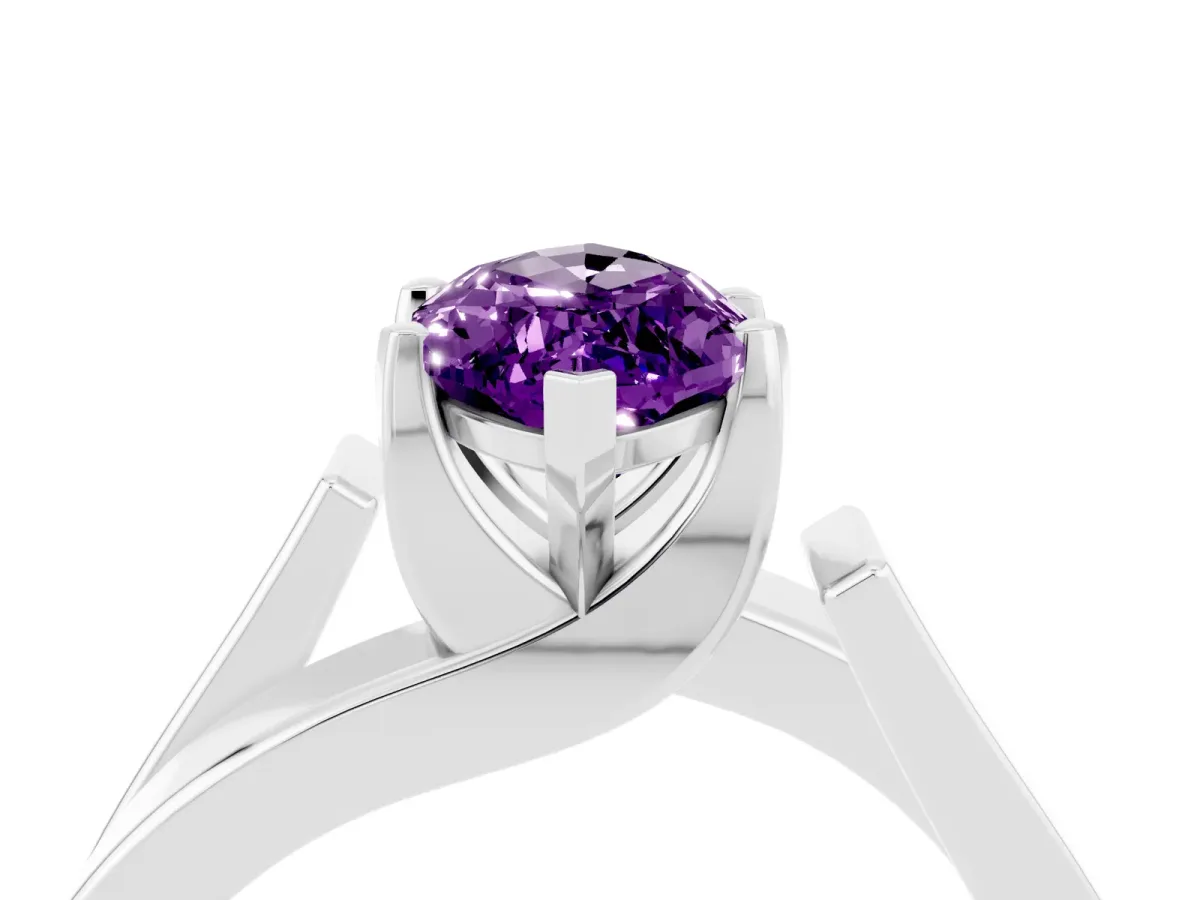 Modern Tension Set Marquise Cut Amethyst Solitaire Wide Band Ring Silver