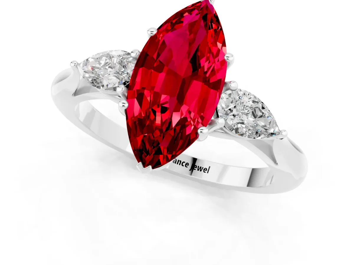 Marquise Cut Ruby Three-Stone Ring with Pear Side Stones and Prong Setting Silver