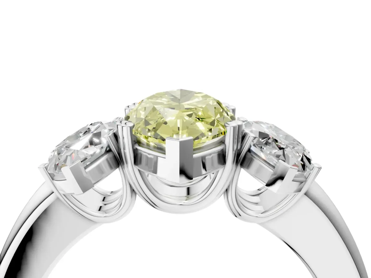 Fancy Yellow Three-Stone Marquise Cut Cut Diamond Ring with Channel Set Band and Four-Prong Setting Silver
