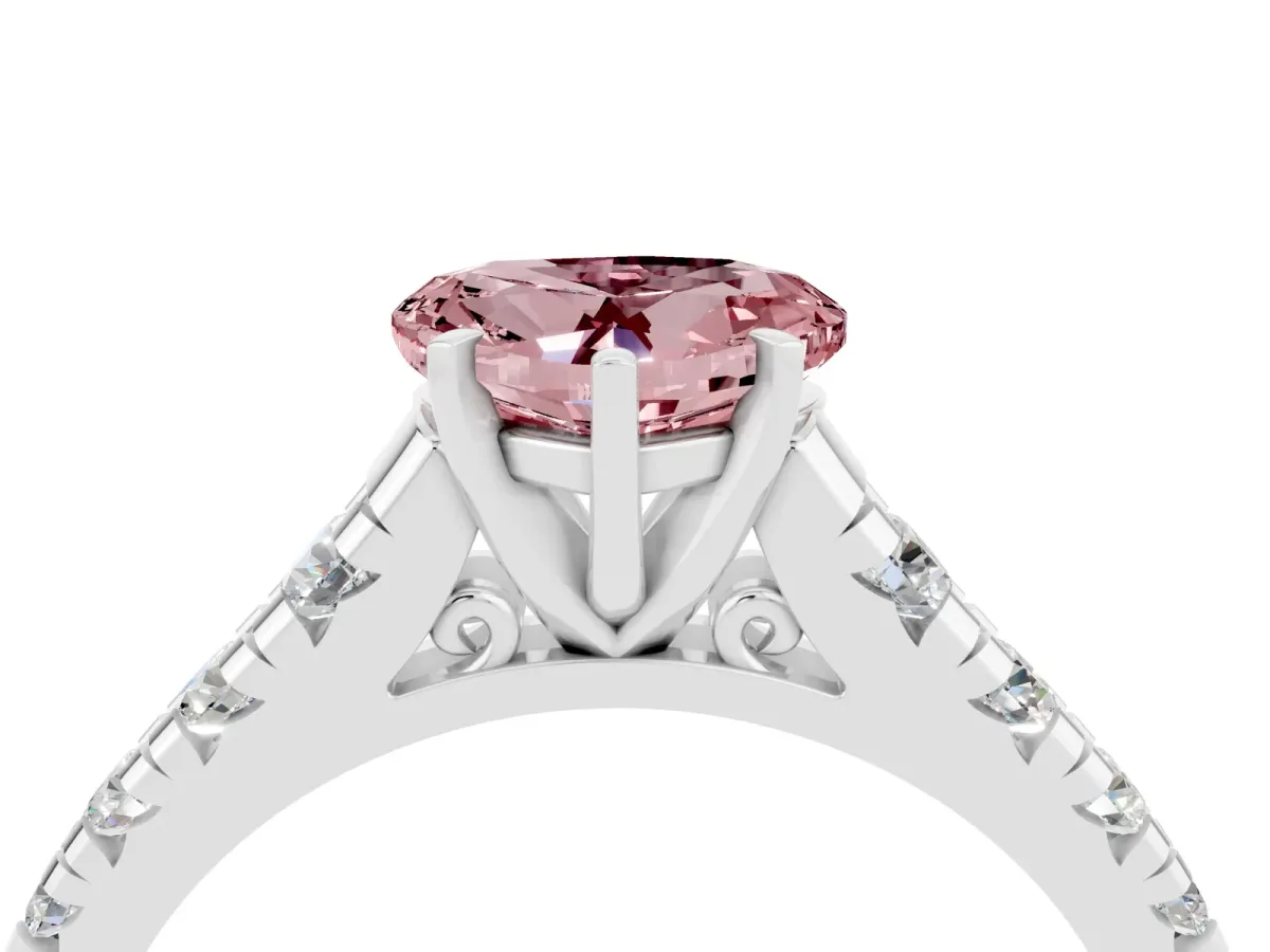 Heart Cut Morganite Cathedral Solitaire Ring with Round Pavé Band Silver