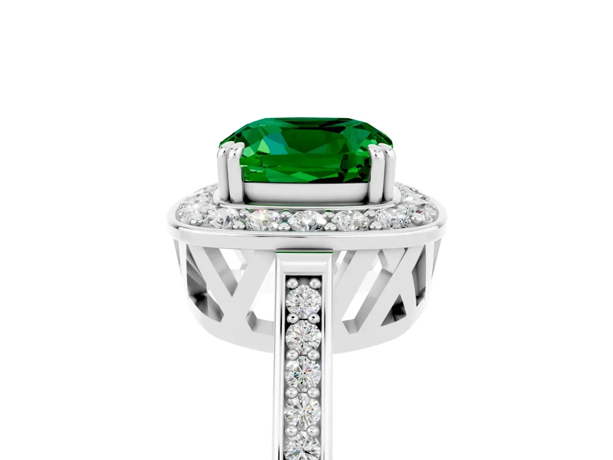 Cushion Cut Emerald Halo Ring with Split Shank and Four-Prong Setting White gold