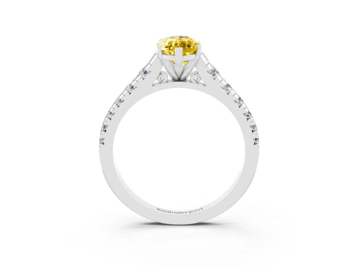 Marquise Cut Yellow Sapphire Cathedral Solitaire Ring with Round Pavé Band Silver