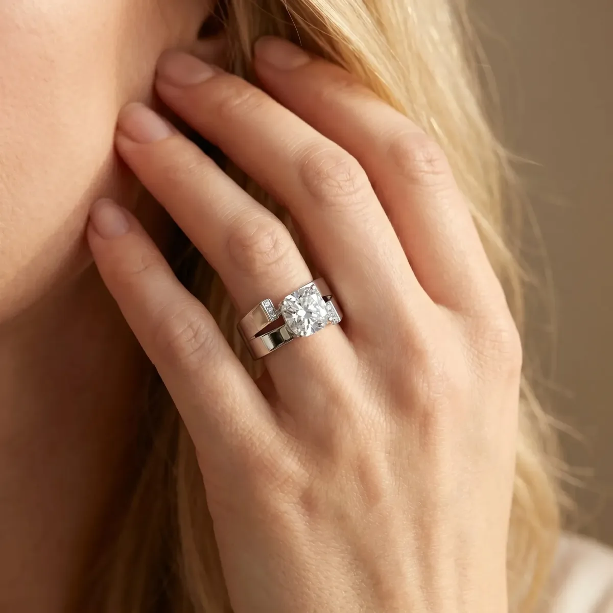 Modern Tension Set Cushion Cut Diamond Solitaire Wide Band Ring Silver