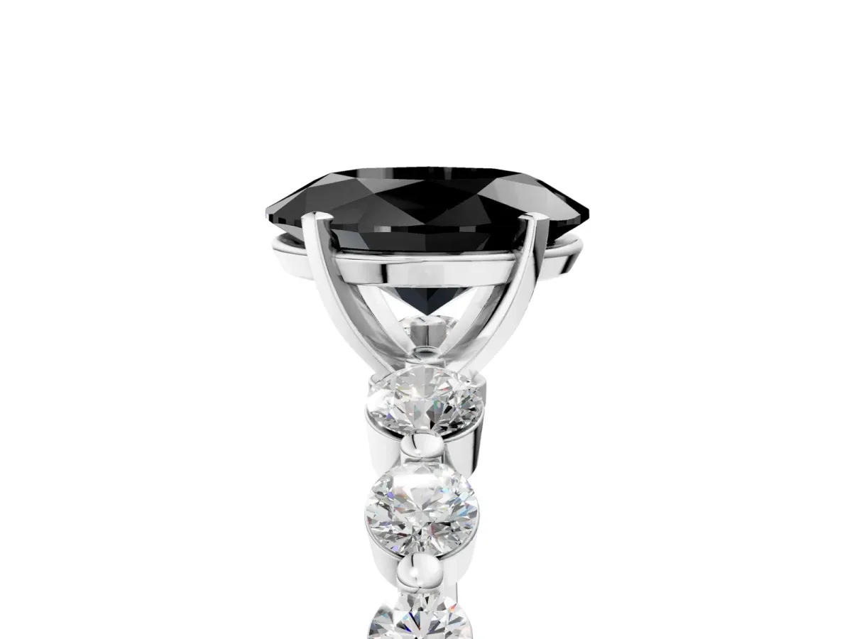 Fancy Black Oval Cut Solitaire Diamond Ring with Pave Band and Four-Prong Setting Silver