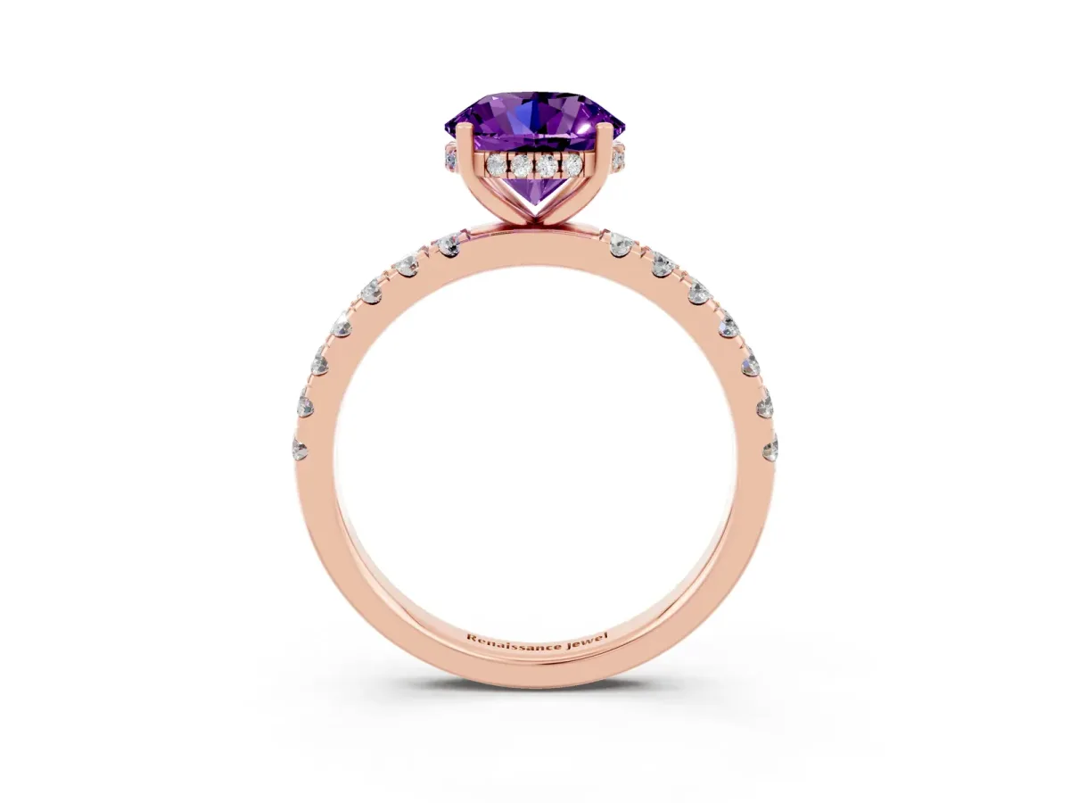 Round Cut Amethyst Pave Band Solitaire Ring with Round and Prong Setting Rose gold