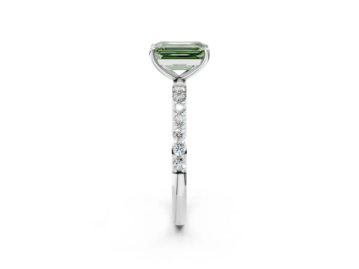 Fancy Green Emerald Cut Diamond Solitaire Ring with Round Pavé Shoulders and Prong Setting Silver