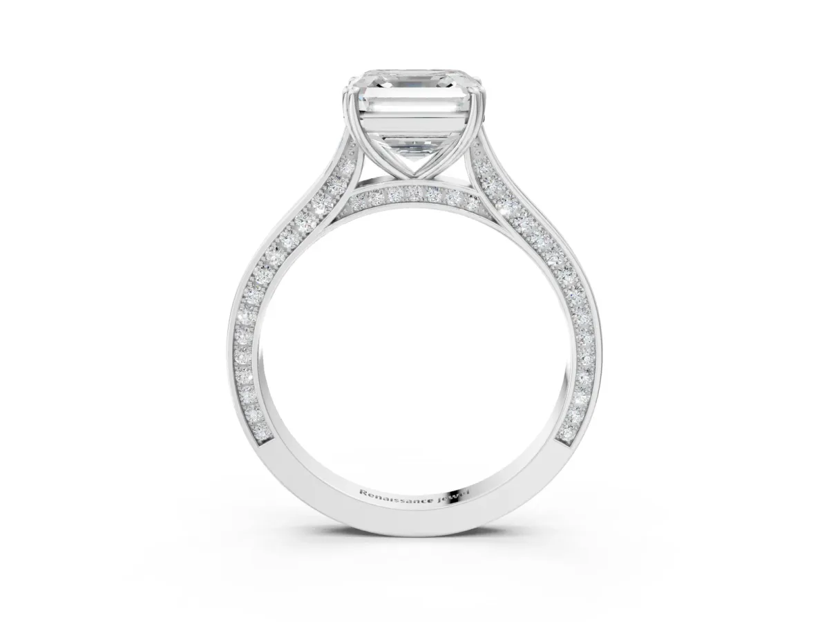 Asscher Cut Diamond Solitaire with Pave Band and Six-Prong Setting Platinum