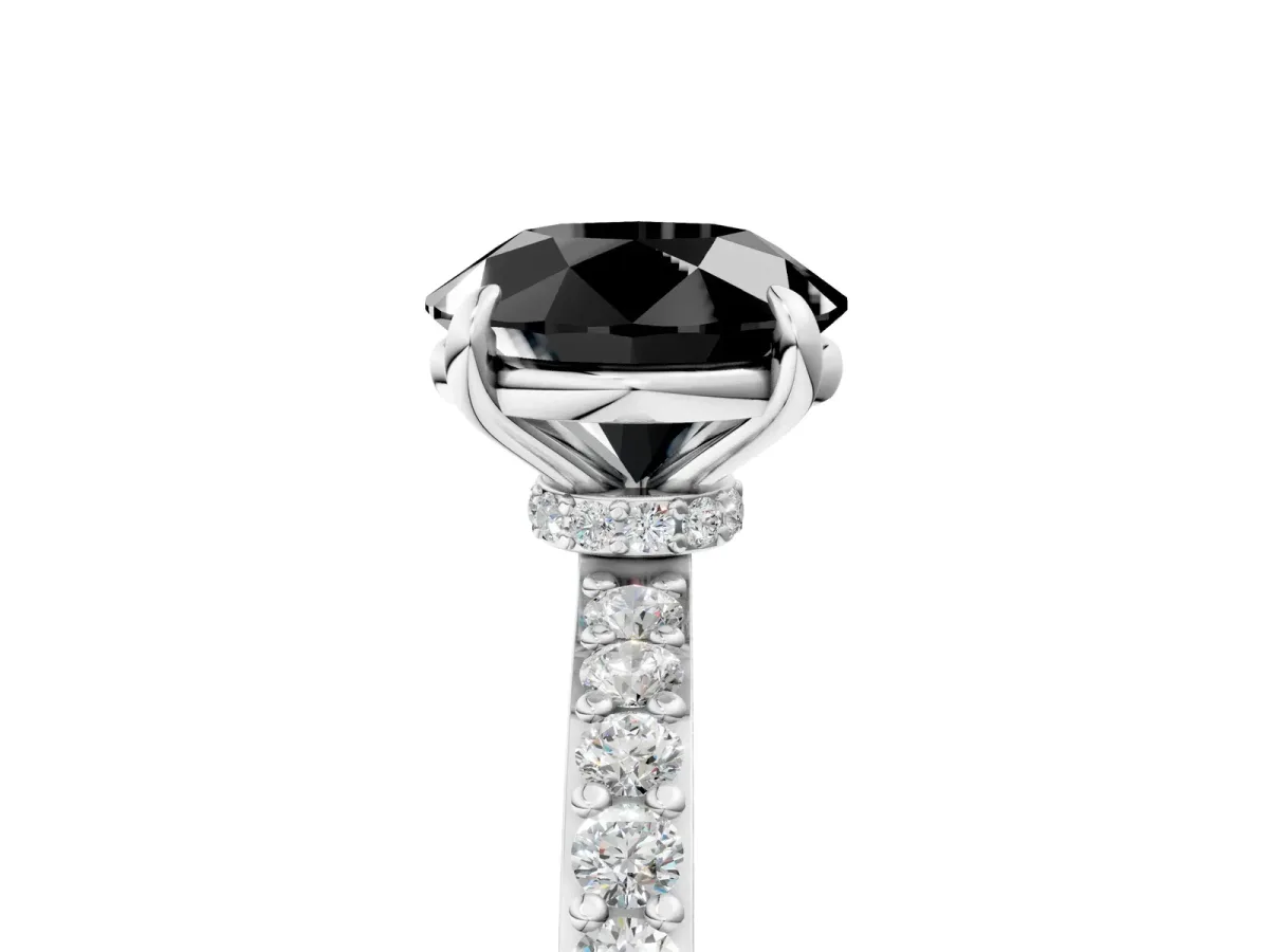 Fancy Black Round Cut Diamond Solitaire Engagement Ring with Pavé Band and Four-Prong Setting Silver
