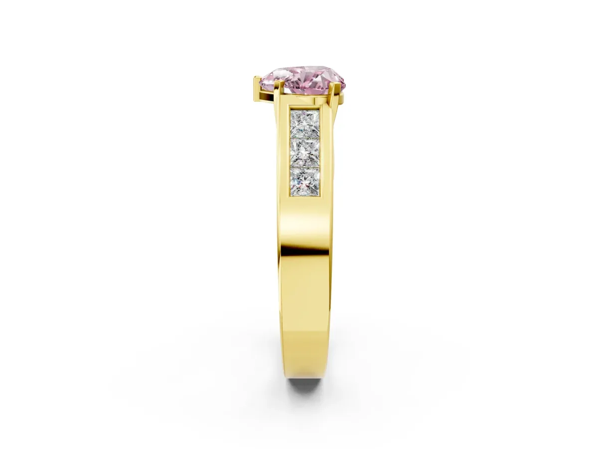 Fancy Pink Heart Cut Cut Channel Set Solitaire Ring with Four-Prong Setting Yellow gold