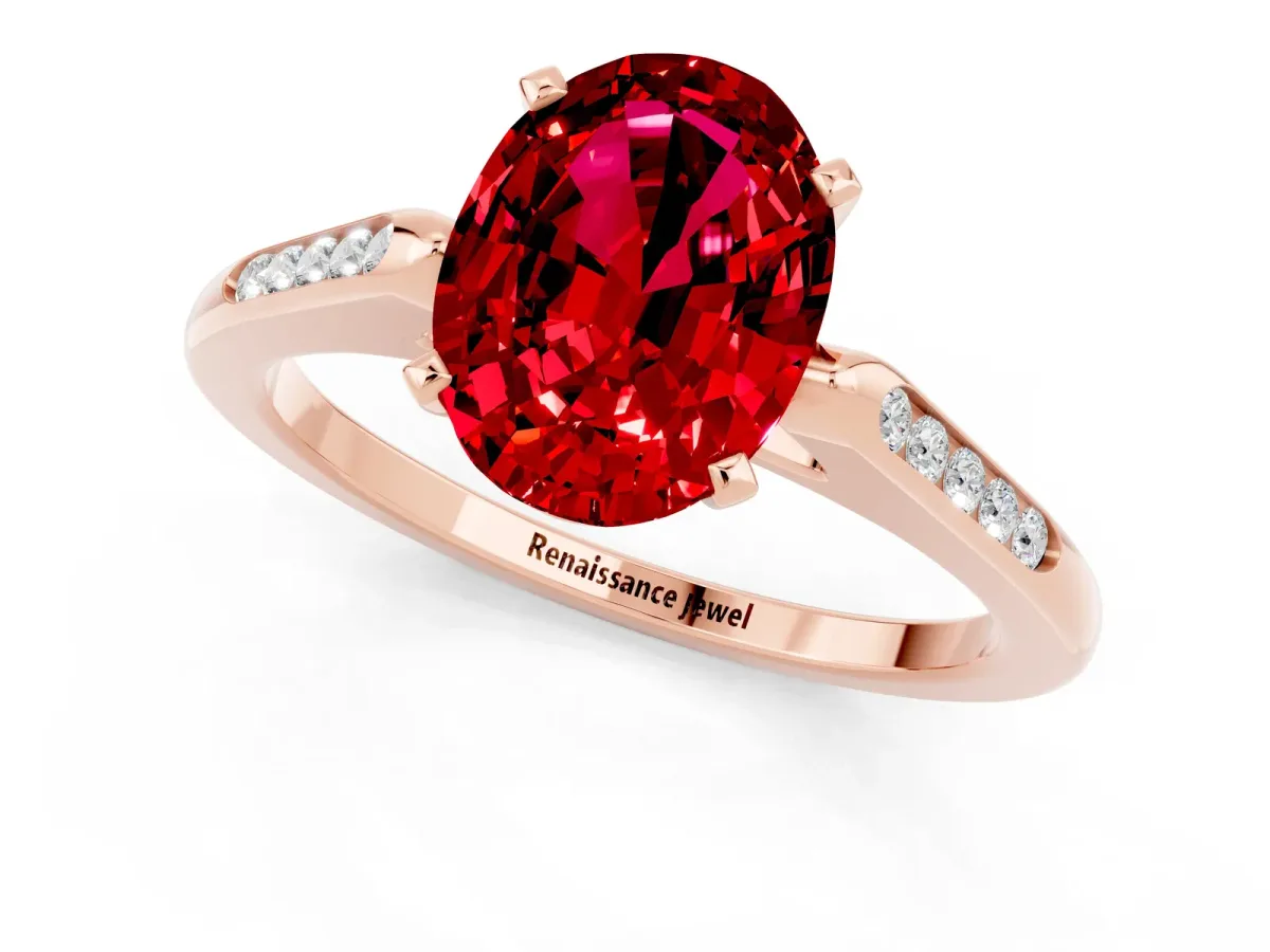 Oval Cut Ruby Solitaire Ring with Channel Set Round Band and Prong Setting Rose gold