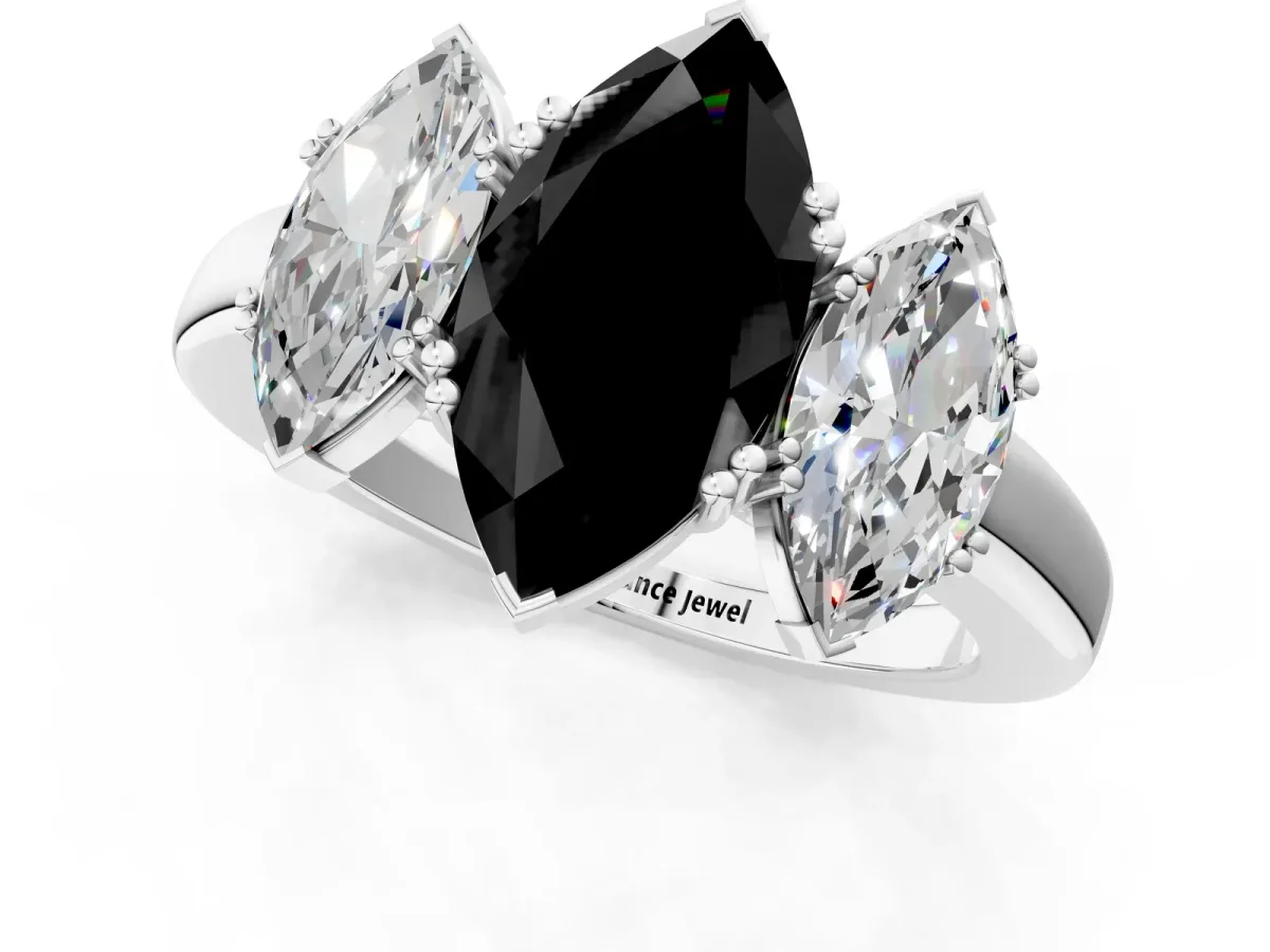 Fancy Black Three-Stone Marquise Cut Cut Diamond Ring with Channel Set Band and Four-Prong Setting Silver