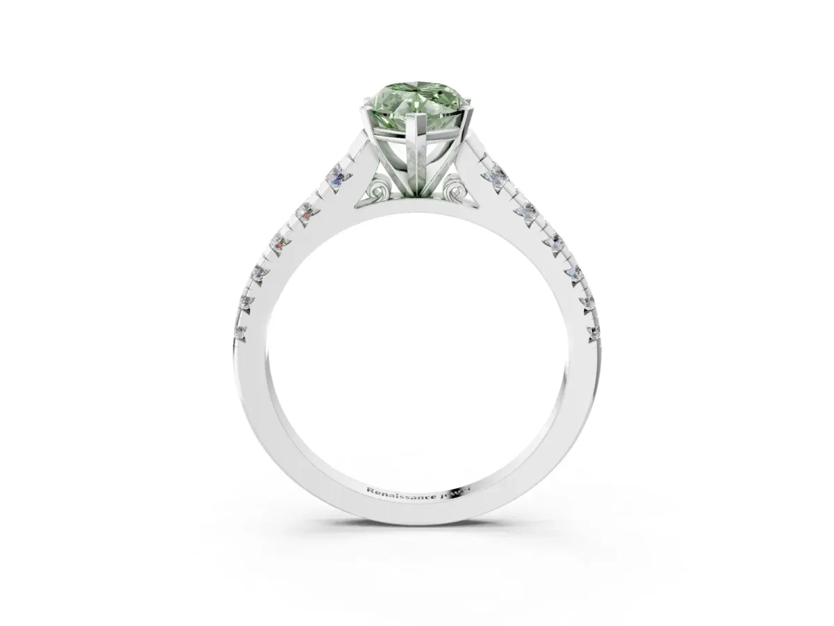 Fancy Green Marquise Cut Diamond Cathedral Solitaire Ring with Round Pavé Band Silver