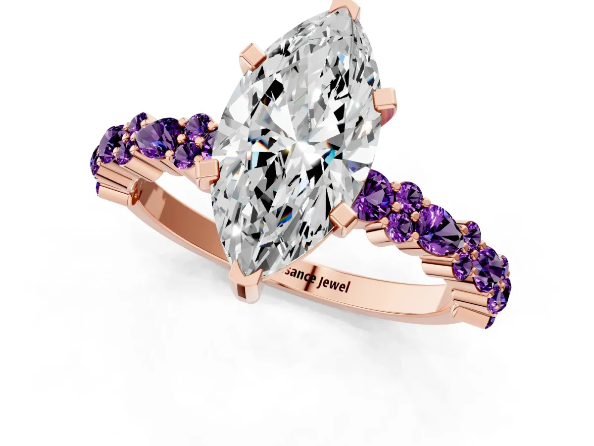 Marquise Cut Diamond Side Stone Solitaire Ring with Round Amethyst and Four-Prong Setting Rose gold